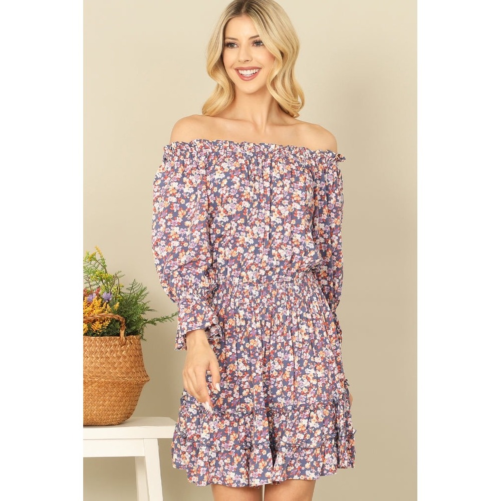 Easel Los Angeles Floral Off Shoulder Smocked Waist Tiered Mini Dress Sz L NWT